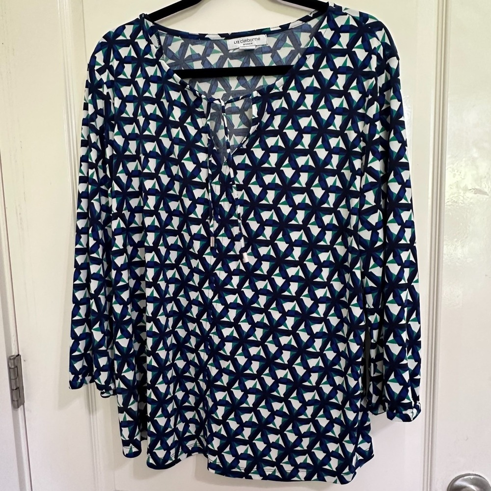 Liz Claiborne XL Blue Geometric Print Keyhole Blouse 3/4 Sleeve Women's Plus